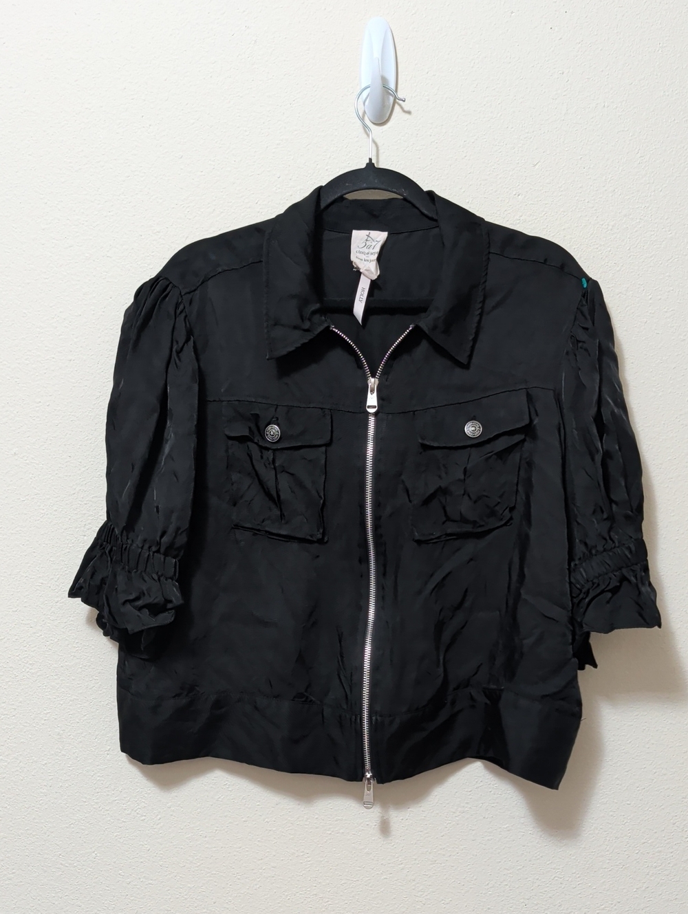 cinq a sept Holly Black Zip-Front Utility Jacket with Ruffle Sleeves